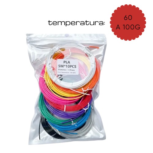 REPUESTO FILAMENTO PARA LAPIZ 3D 1.75MM TEMPERATIRA 60/100 GRADOS 5 METROS X 10 UNIDADES COLORES VARIOS