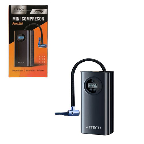 COMPRESOR DE AIRE PORTATIL A BATERIA DIGITAL AUTO/MOTO/BICICLETAS/PELOTA/PILETA AITECH