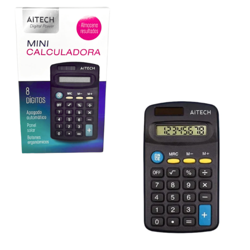CALCULADORA MINI BOLSILLO ESCOLAR 8 DIGITOS SOLAR Y PILA AITECH