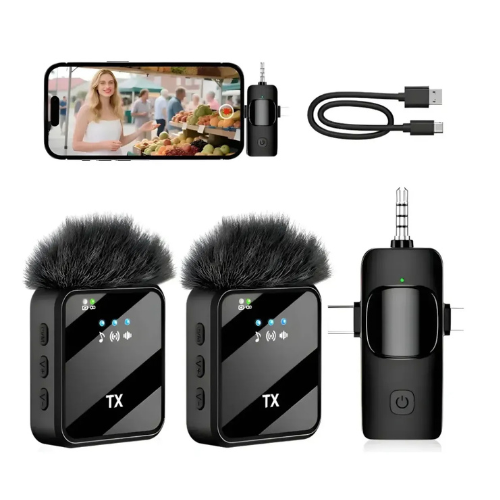 MICROFONO CORBATERO INALAMBRICO X2 ANTIVIENTO ANDROID 3 CONECTORES JACK 3.5, TIPO C Y LIGHTNING.