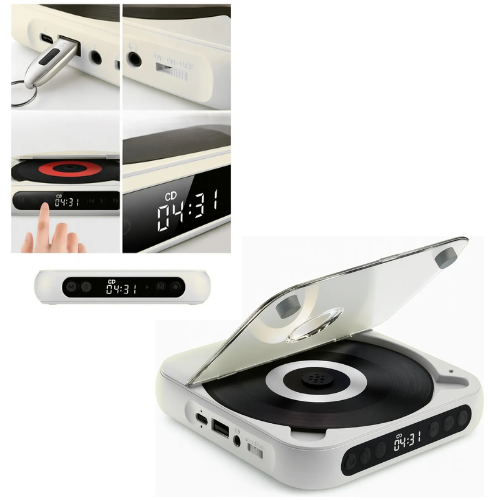 DISCMAN REPRODUCTOR CD USB BLUETOOTH PARLANTE CARGADOR TIPO C PORTATIL COLOR BLANCO
