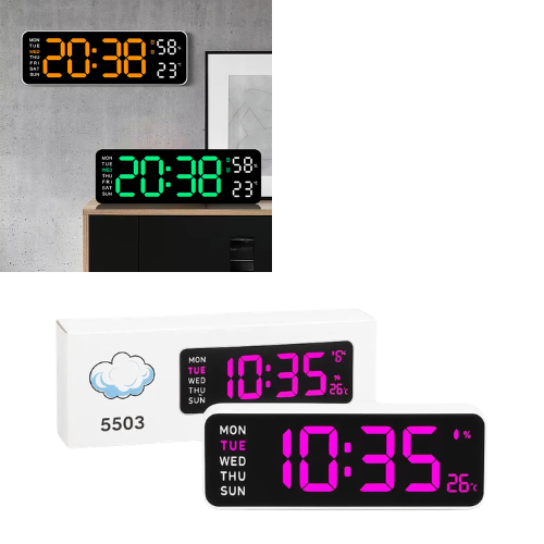 RELOJ DESPERTADOR DIGITAL PANTALLA 9" ALARMA TEMPERATURA Y HUMEDAD ALIM DUAL 23X7CM