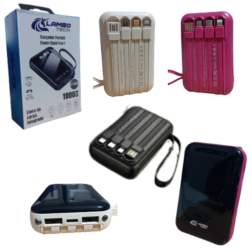 CARGADOR PORTATIL POWER BANK 10000 MAH 2 USB HEMBRA CONECTORES TIPO C / MICRO /LIGHTING /C /USB MACHO LAMBO TECH NEGRO/BORDO/BEIGE