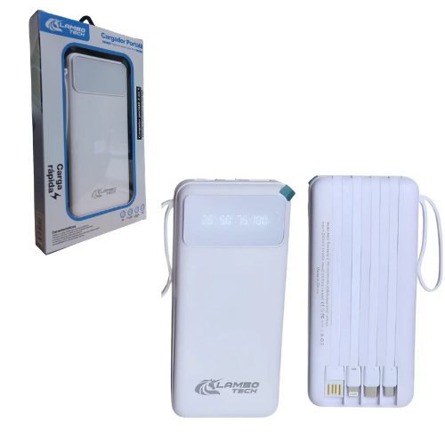 CARGADOR PORTATIL POWER BANK 25000MAH 2 USB HEMBRA CONECTORES TIPO C / MICRO /LIGHTING LAMBO TECH BLANCO
