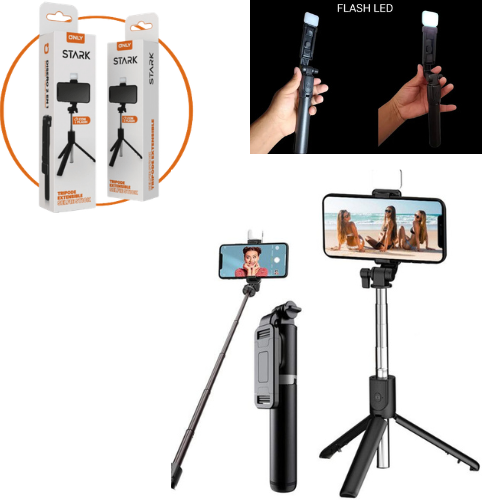TRIPODE SOPORTE PALO PARA CELULAR SELFIE STICK EXTENSIBLE 60CM CON FLASH LUZ STARK RECARGABLE MICRO
