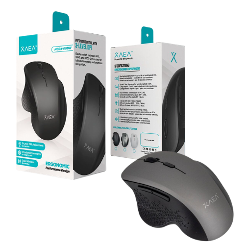 MOUSE INALAMBRICO BLUETOOTH SMART RECARGABLE ERGONOMIC TIPO C DUAL 2.4G DPI 800/1200/1600 XAEA NEGRO