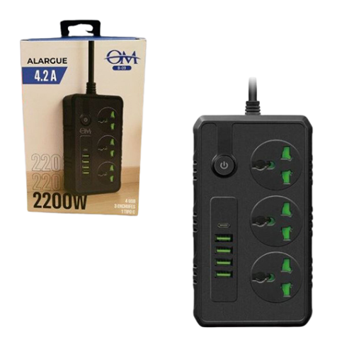 ZAPATILLA ELECTRICA 3 TOMAS 4 PUERTOS USB Y 1 ENTRADA TIPO C AL-1012 OM 2200W 4.2A 1.80MTS NEGRO