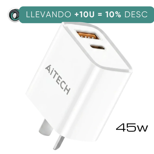 CARGADOR CABEZAL CELULAR 1 TIPO C HEMBRA 1 USB 3.0 CARGA RAPIDA 45W AITECH