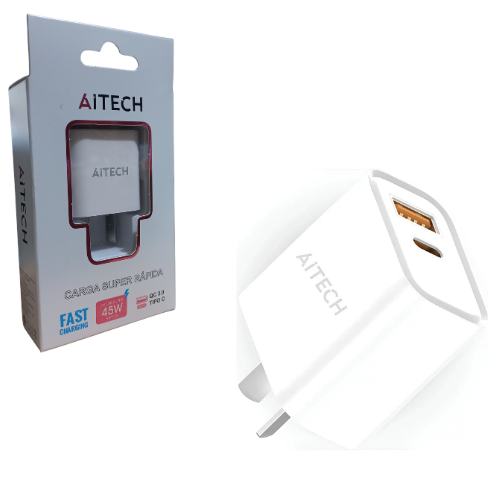 CARGADOR CABEZAL CELULAR 1 TIPO C HEMBRA 1 USB 3.0 CARGA RAPIDA 45W AITECH