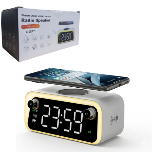 RADIO RELOJ DESPERTADOR BLUETOOTH LUZ LED CARGA INALAMBRICA CELULAR FM