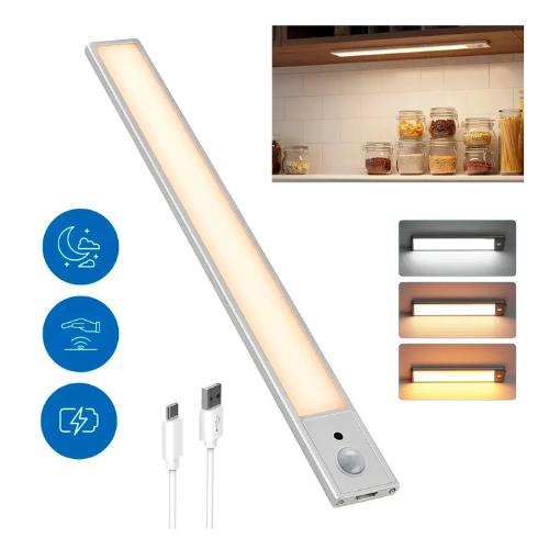 LUZ BAJO MESADA LAMPARA METAL 4 LED RECARGABLE LUZ BLANCA Y CALIDA CON SENSOR DE MOVIMIENTO 1 METRO