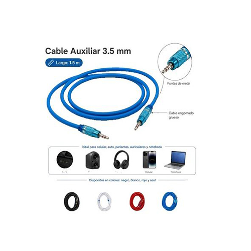 CABLE PLUG 3.5 A PLUG 3.5 AUXILIAR ENGOMADO COLORES 1.5MTS BLT-120