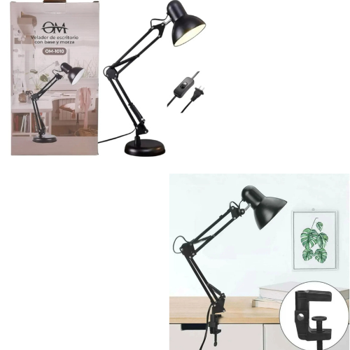 LUZ LED VELADOR LAMPARA DE ESCRITORIO 220V BASE + MORSA ROSCA E27 15 X 60CM OM-1010