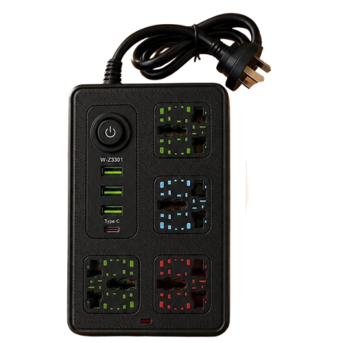 ZAPATILLA ELECTRICA 4 TOMAS 3 PUERTOS USB Y 1 ENTRADA TIPO C NEGRO