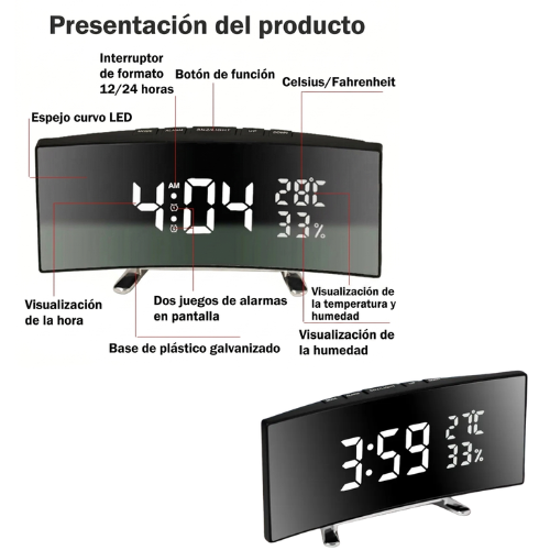 RELOJ DESPERTADOR DIGITAL ESPEJADO NEGRO CURVO PANTALLA LED ALARMA A PILA