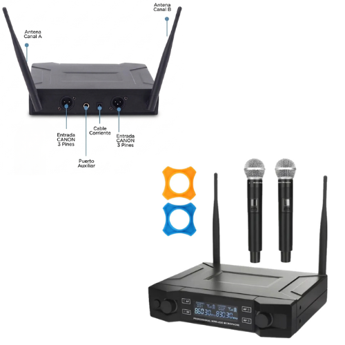 MICROFONO INALAMBRICO UHF DOBLE MANO RECEPTORA ENTRADA AUXILIAR PROFESIONAL