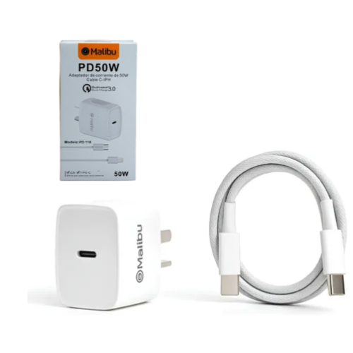 CARGADOR CELULAR MALIBU 220V CABEZAL ENTRADA TIPO C + CABLE TIPO C A TIPO C PD50W BLANCO