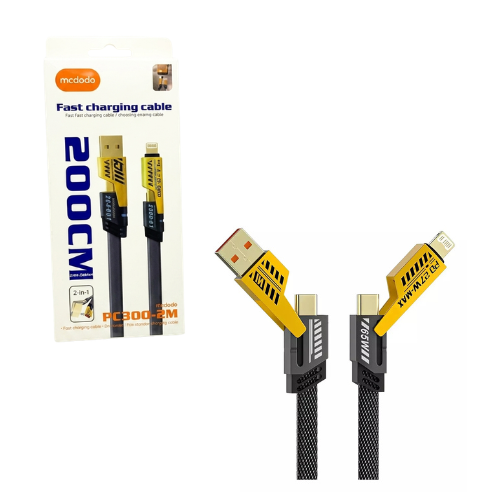 CABLE USB A USB TIPO C Y LIGHTNING 4 EN 1 2MTS CABLE REFORZADO PLANO