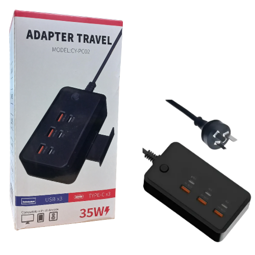 HUB USB CON ALIMENTACION 220V ESTACION DE CARGA 3.0A 3 USB Y 3 TIPO C 35W CON SOPORTE CELU LLAVE DE CORTE