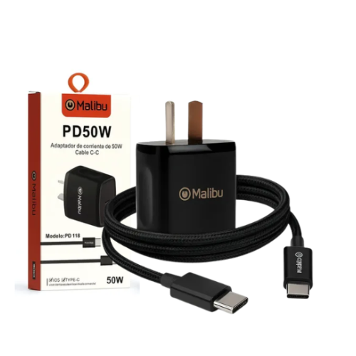 CARGADOR CELULAR MALIBU 220V CABEZAL ENTRADA TIPO C + CABLE TIPO C A TIPO C PD50W NEGRO