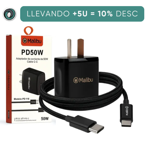 CARGADOR MALIBU 220V CABEZAL ENTRADA TIPO C + CABLE TIPO C A TIPO C PD50W NEGRO