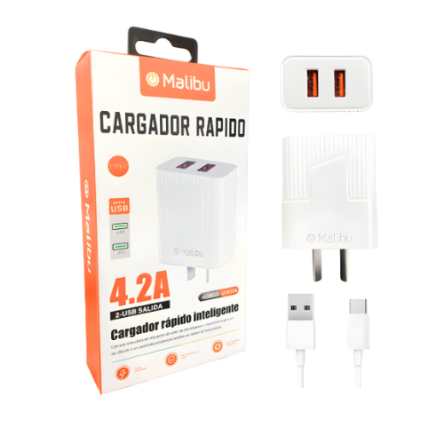 CARGADOR MALIBU 220V CABEZAL 2 USB 4.2A + CABLE USB TIPO C