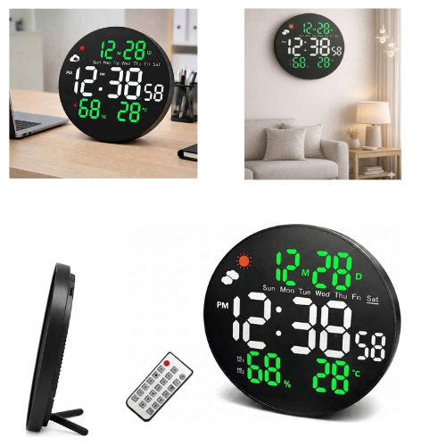 RELOJ PARED CONTROL REM DIGITAL LED 26CM DIAMETRO TEMPERATURA ALARMA NEGRO
