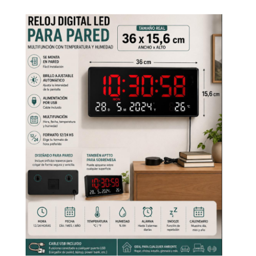 RELOJ DESPERTADOR DIGITAL 36X15.6CM CALENDARIO TEMPERATURA ALARMA - Image 2