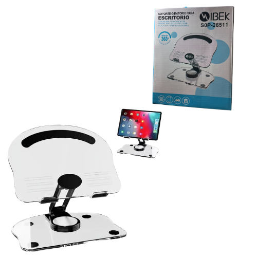 SOPORTE TABLET CELULAR ACRILICO ROTACION DE GIRO 360 AJUSTABLE 16X12 BASE 18.5CM ALTO
