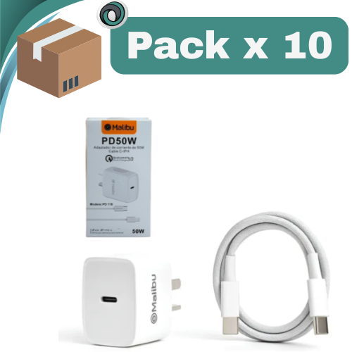 PACK X 10 ## CARGADOR CELULAR MALIBU 220V CABEZAL ENTRADA TIPO C + CABLE TIPO C A TIPO C PD 50W BLANCO