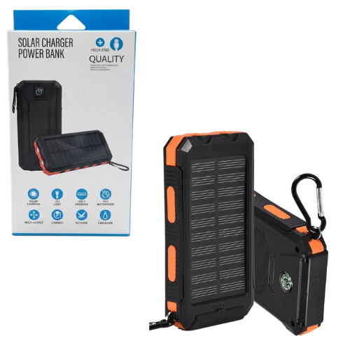 CARGADOR PORTATIL POWER BANK 10000 SOLAR LINTERNA 3 USB 1 TIPO C BRUJULA