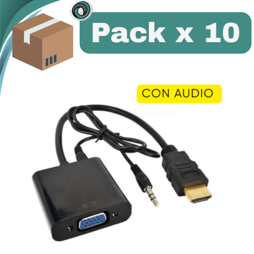 PACK X 10 ## CONVERSOR ADAPTADOR HDMI MACHO A VGA HEMBRA + PLUG 3.5 AUDIO