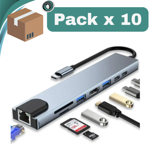 PACK X 10 ##HUB USB TIPO C ADAPTADOR 8 EN 1 A USB TIPO C + PD + RJ45 LAN + MICRO SD + SD + HDMI 4K+ USB 3.0X2