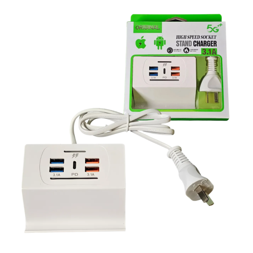 HUB USB CON ALIMENTACION 220V ESTACION DE CARGA 4 USB 3.1 AMP Y TIPO C CON SOPORTE CELU 5G+