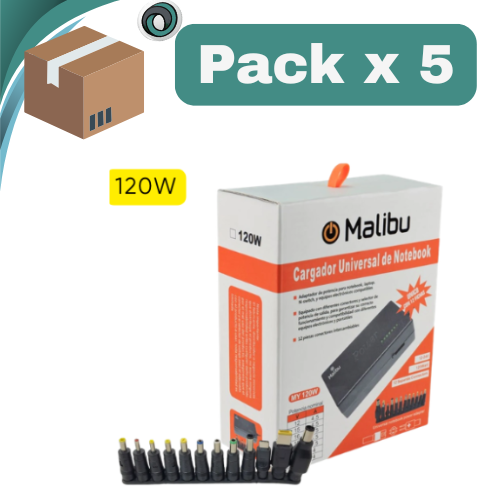 PACK X 5 ## FUENTE CARGADOR NOTEBOOK UNIVERSAL 120W MALIBU 12 FICHAS 12V A 24V