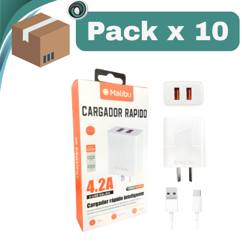 PACK X 10 ## CARGADOR CELULAR MALIBU 220V CABEZAL 2 USB 4.2A + CABLE USB TIPO C