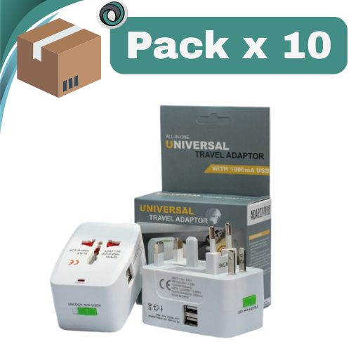 PACK X 10 ##ADAPTADOR INTERNACIONAL MUNDIAL VIAJERO UNIVERSAL MULTIENCHUFE ELECTRICO CON 2 USB