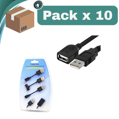 PACK X 10 ##CABLE PROLONGADOR ALARGUE EXTENSION USB MACHO HEMBRA 1MTS INCLUYE ADAPTADORES USB MINI / USB MICRO / DOCK 30 PINES