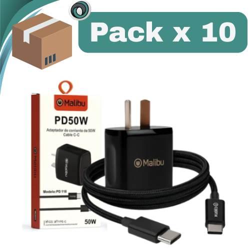 PACK X 10 ## CARGADOR CELULAR MALIBU 220V CABEZAL ENTRADA TIPO C + CABLE TIPO C A TIPO C PD 50W NEGRO