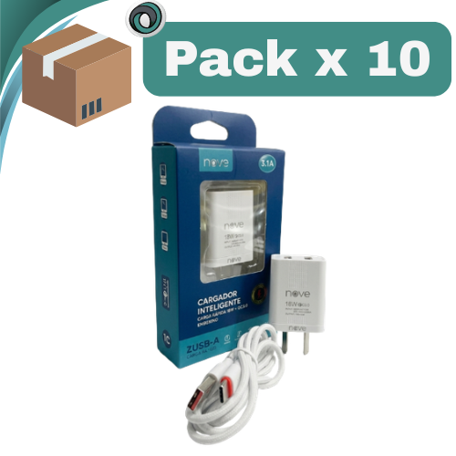 PACK X 10 ##CARGADOR CABEZAL CELULAR 3.1A 2 USB + CABLE TIPO C A USB INOVA
