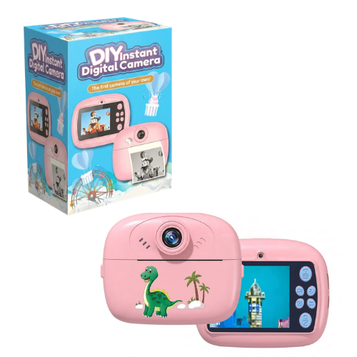 CAMARA FOTO KIDS NIÑOS IMPRESORA TERMICA DISEÑO CABLE USB TIPO C INCLUYE ROLLO DIY ROSA