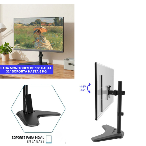 SOPORTE ESCRITORIO MONITOR TV 13" A 32" INCLINACION 8KG VESA 75X75 Y 100X100. NAKU KIT COMPLETO