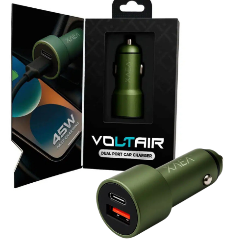CARGADOR 12V 3A VOLTAIR 45W 1 PUERTO USB Y 1 TIPO C + CABLE USB-C XAEA