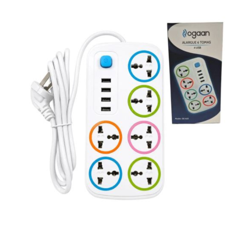 ZAPATILLA ELECTRICA 6 TOMAS 4 PUERTOS USB 1.5MTS BLANCA OGAAN