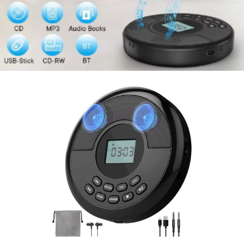 DISCMAN REPRODUCTOR CD BLUETOOTH AUXILIAR CARGADOR TIPO C PORTATIL RETRO PM-21