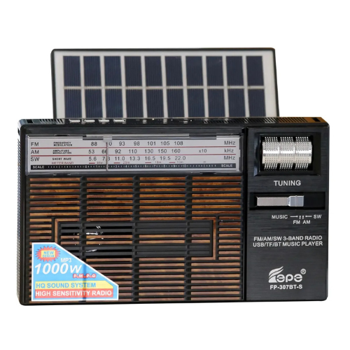 RADIO PORTATIL RETRO AM/FM PANEL SOLAR BLUETOOTH USB RECARGABLE MICRO Y PILAS 12X21 CM FP-307BT-S