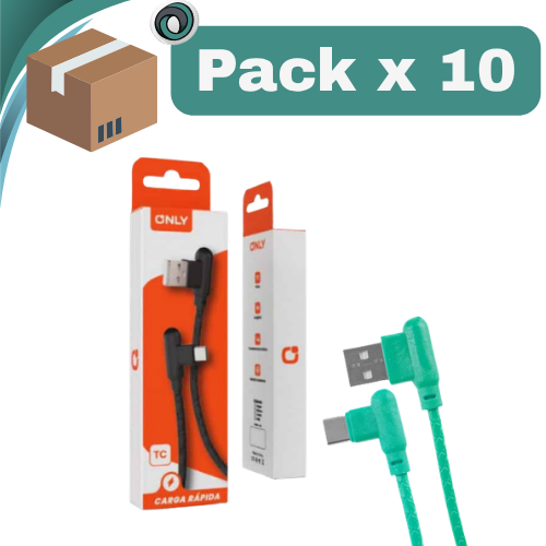 PACK X 10 ## CABLE USB TIPO C FICHA EN L A USB FICHA EN L 1MTS ONLY CARGA RAPIDA VERDE