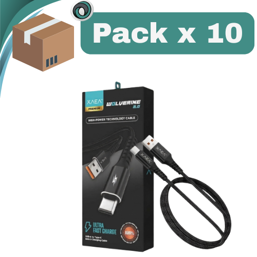 PACK X 10 ## CABLE USB TIPO C A USB 1MTS WOLVERINE 2.0 XAEA NEGRO PREMIUM