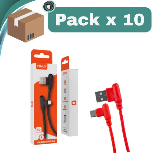 PACK X 10 ## CABLE USB TIPO C FICHA EN L A USB FICHA EN L 1MTS ONLY CARGA RAPIDA ROJO