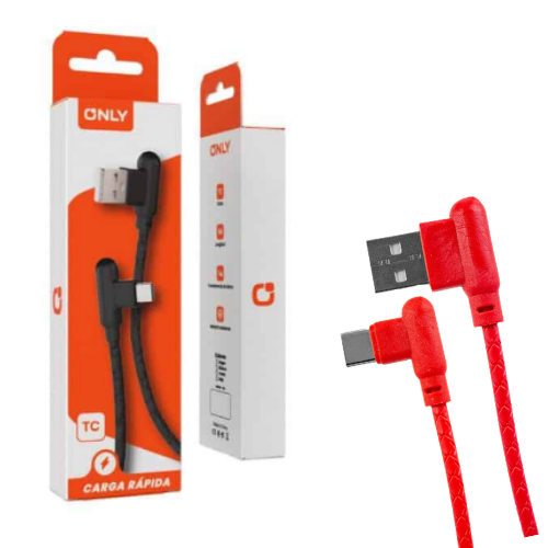 CABLE USB TIPO C FICHAEN L A USB FICHA EN L 1MTS ONLY CARGA RAPIDA ROJO